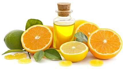 Wall Mural - Citrus Slices With Essential Oil Bottle on White, Lemon, Lime, Orange Halves