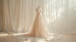 © leymart - Elegant light peach wedding dress on a mannequin, draped in sheer fabric, against a soft backdrop of sheer curtains, bathed in natural light