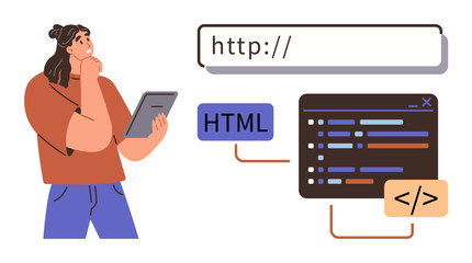 Woman holding tablet thinking, web address bar, HTML tag, and coding interface. Ideal for web design, programming, learning, technology, online education career growth simple flat metaphor