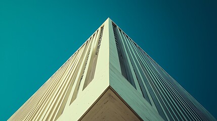 Low-Angle Shot of Modern Angular Building Under Clear Deep Teal Sky, Vertical Elements Show Linear Patterns & Height