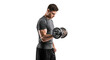 © adzka10 - Muscular man concentrating on bicep curls, showcasing strength and determination for fitness goals and healthy lifestyle, isolated on white background
