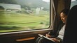 © xpectation - Slow travel on electric train: passenger journaling by wide window, rice terraces blur outside, calm tones, clean reflections, mindful eco trip.