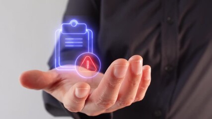 Risk in administrative reports and records. A businessman's hand holding a clipboard with a floating icon of a warning sign.