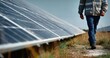 © oksa_studio - Engineer inspecting a solar panel plant walking near photovoltaic panels in a renewable energy farm