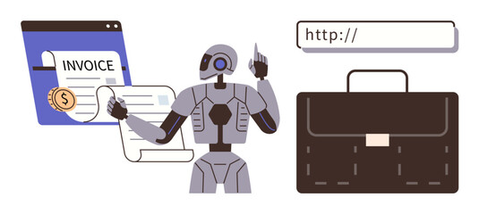 AI robot interacts with online invoice interface, raises finger toward search bar, next to briefcase. Ideal for automation, finance, business, technology, innovation, productivity simple flat