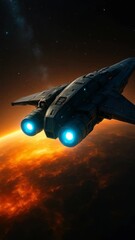 Wall Mural - Futuristic spaceship soaring above a fiery planet, captured from a dynamic low-angle. Perfect for sci-fi video projects or space-themed designs. Live mobile wallpaper.
