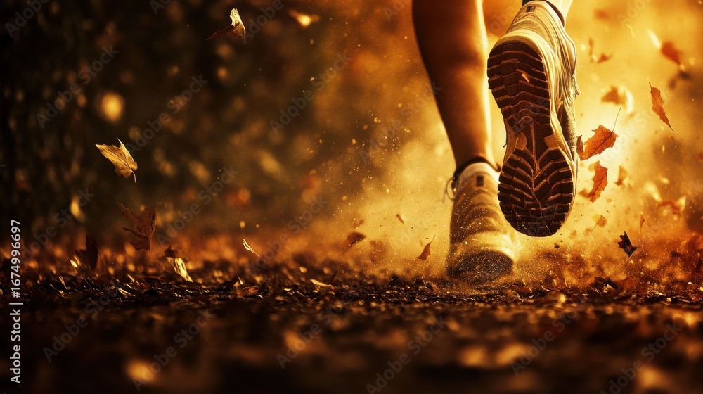 Dynamic shot of runner's feet kicking up autumn leaves and dust on a ...