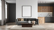 © ArceusDigital - Mockup poster frame Modern Living Room with Minimalist Elegance: A stylish living space showcases a sleek sofa and coffee table beneath a clean picture frame.