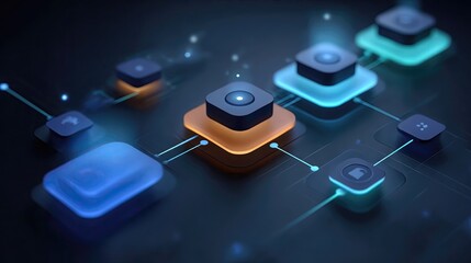 Futuristic digital network with glowing nodes, representing data transfer, cybersecurity, and technological innovation for modern business solutions