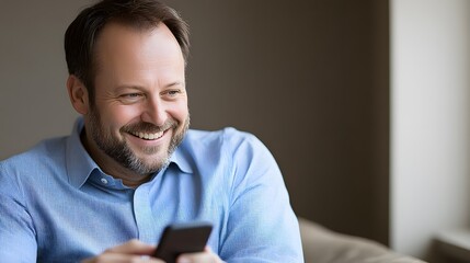 Happy Mature Man Smiling Using Smartphone Indoors