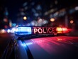 © Rifqi - Close-up of police car lights at night with blurred city lights in the background. Concept for law enforcement, emergency response and public safety