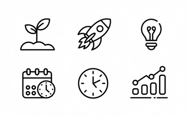 Business startup growth plan icons set for project management and development cycle