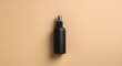 © beatrix_visual - Minimalist black spray bottle mockup on warm beige paper background, centered composition, soft shadows, high-resolution studio lighting, flat lay top view, clean modern product photography style