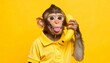 © DelightGrid - A monkey in a yellow polo shirt holds a banana like a phone, tongue out, against a bright yellow backdrop—blending humor, mimicry, and surreal charm in a playful anthropomorphic scene.
