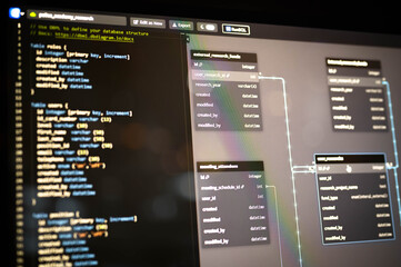 close-up view of sql database schema design and code editor on a computer screen, illustrating data 
