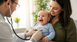© shahporanshakil - Doctor examining a happy baby with stethoscope, mother holding the child