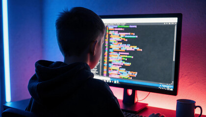 Young programmer coding on a desktop computer with vibrant code in a neon-lit room