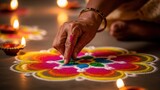 Close up of a woman's hand making a vibrant, colorful rangoli for the Diwali festival.