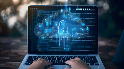 Cybersecurity cloud data protection with padlock on laptop screen