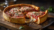 © Sadia - A deep dish pizza with a slice being pulled out showing the cheese on a wooden cutting board