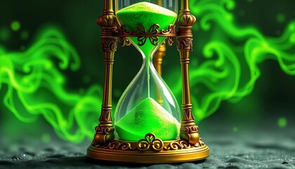 Wall Mural - Ornate hourglass, glowing green sand, swirling green base, magical energy,  witchcraft,  luminescence