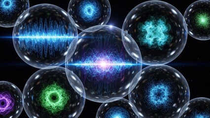 An array of spheres in space, each with a different quantum pattern, suggesting a multiverse.