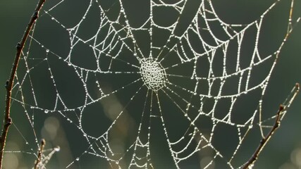 Delicate spiderweb adorned with morning dew, showcasing intricate patterns against a dark backdrop.