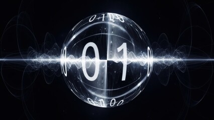 An abstract sphere of binary code with a central waveform on a black background.