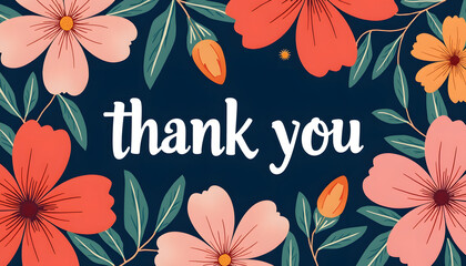 Wall Mural - Beautiful floral thank you card with colorful flowers and a dark blue backdrop.