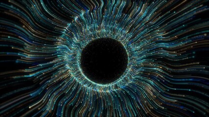 Abstract motion multiple colored light flares moving out waving energy lines forming circular vortex effect. glowing streaks creates futuristic digital tunnel illusion for sci-fi or technology visuals