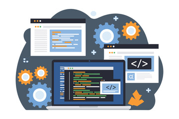Software Development: Coding on Laptop with Web Pages and Gears - Illustration Design