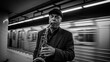 © AudaX - A black and white photo of a street musician playing the saxophone in a subway station with a blurry train.