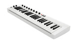 White Midi keyboard with black keys shows a glossy surface. Ideal for music product photography, digital posters, and branding.