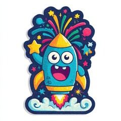 Wall Mural - Playful Rocket Character Blasting Off with Fireworks