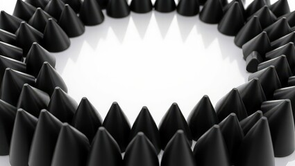 A circular arrangement of black cone shaped objects on a white surface with central empty space