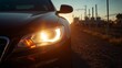 © Ajigus - Close-up view of a car's illuminated headlight at sunrise or sunset, highlighting the details of the modern design, with a backdrop of an industrial area.