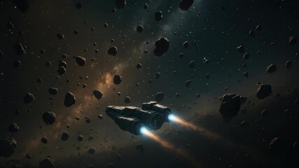 Wall Mural - A dynamic space scene with a spaceship navigating through an asteroid field. Captured from a cinematic wide-angle, perfect for a sci-fi video backdrop. Live desktop wallpaper.