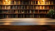 © smartcat - Empty polished wooden table in front of blurred bookshelf filled with books and a potted plant under warm lighting
