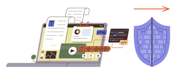 Digital files, HTML code, and media icons flow from a laptop to a binary code shield. Ideal for data security, cybersecurity, encryption, technology, software protection, online privacy information