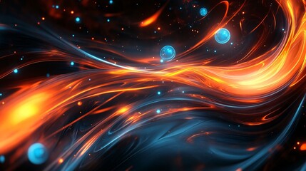 Wall Mural - Abstract digital artwork featuring swirling orange and blue light with spheres.
