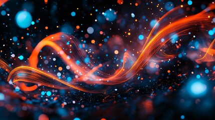 Abstract colorful swirling light trails with bokeh effect against a dark background.