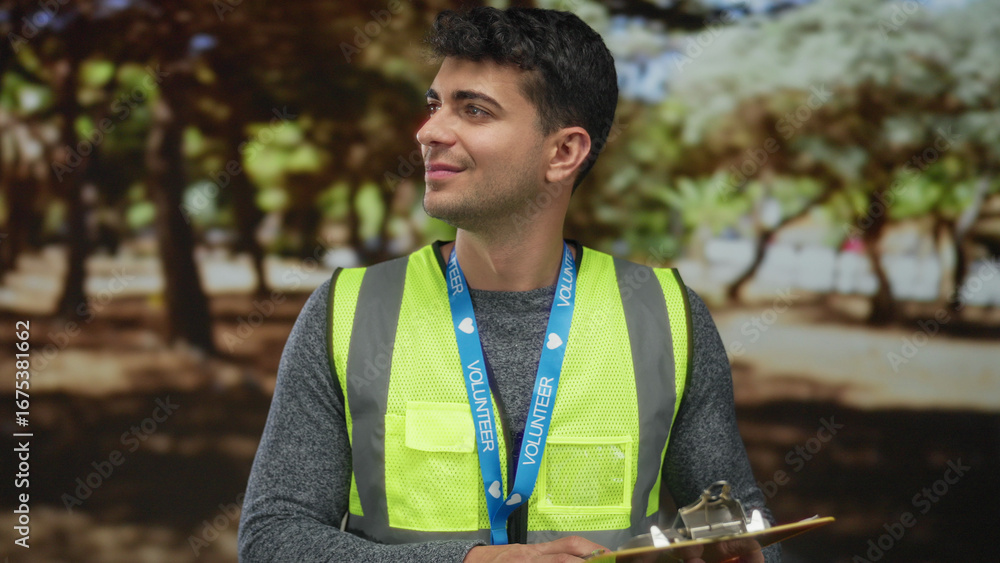 Man face smiling in park encourages hispanic young volunteer holding male outdoor clipboard to lead team.