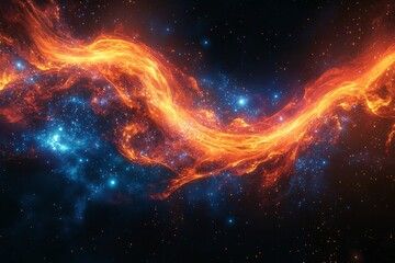 Wall Mural - Abstract space art with orange nebula and blue stars on a dark background.