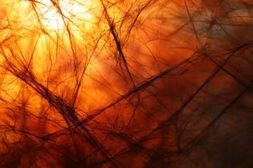 Intricate spider web threads illuminated by warm golden light creating a dramatic abstract texture