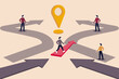 © Apurba - People choosing different paths at a crossroads with a prominent location marker symbolizing a destination
