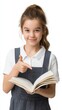 © Ireen - Smiling schoolgirl holding open book and pointing at text isolated on white background
