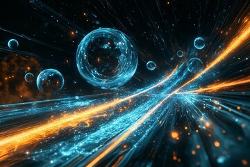 Wall Mural - Abstract digital art featuring blue spheres and orange lines in a dark space.