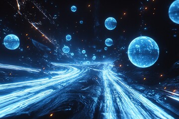 Wall Mural - Abstract digital art with blue light trails and floating spheres in dark space.