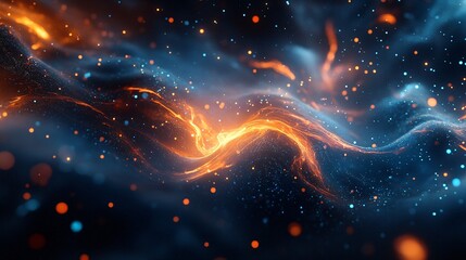 Wall Mural - Abstract cosmic nebula with orange and blue hues against a dark starry background.