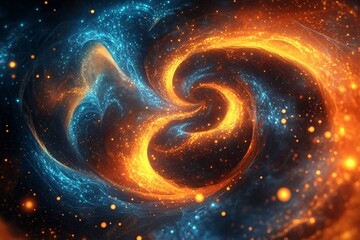 Wall Mural - Abstract swirling nebula with orange and blue colors and scattered stars.